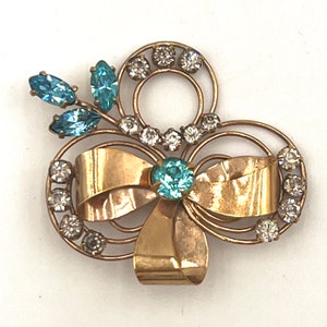 Bow Rhinestones Brooch Pin Vintage 1950s Mid Century Modern Gold Tone
