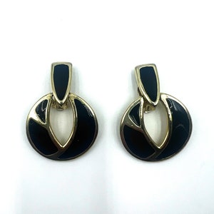 Black Enamel on Gold Tone Metal Bold Round Large Pierced Hoop Dangle Earrings Vintage 80s New Wave