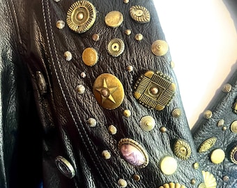Spectacular Martine Sitbon Brass Studded Black Leather Coat Vintage 80s French Designer
