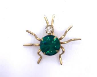 Spider Brooch Gold Tone Wire Work with Prong Set Green Jewel Body Vintage 40s