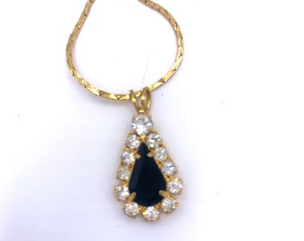 Rhinestone Teardrop Pendant Snake Chain Vintage 80s Gold Tone Necklace