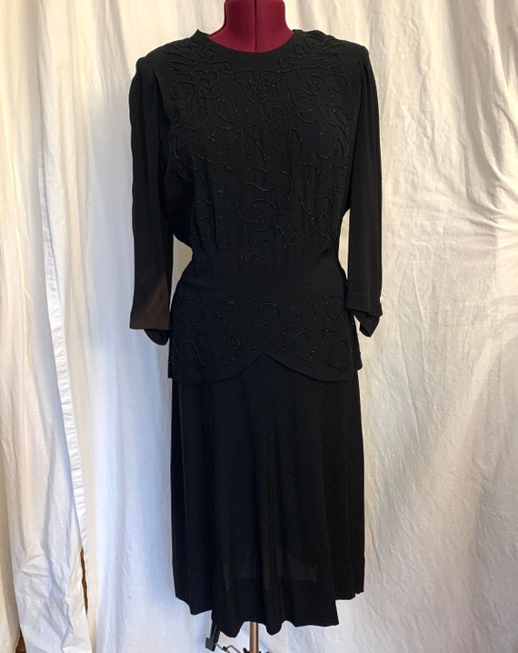 Black Beaded Dress SZ 12 Vintage 1940s Black Crep… - image 1