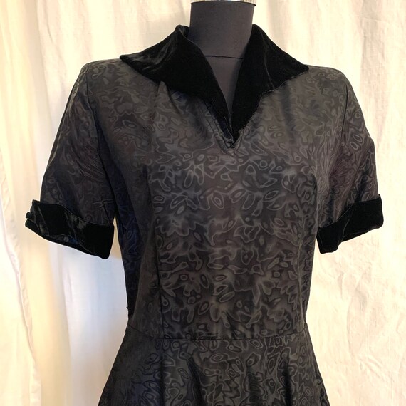 Vintage 1950s Black Moire Taffeta Dress with Velve