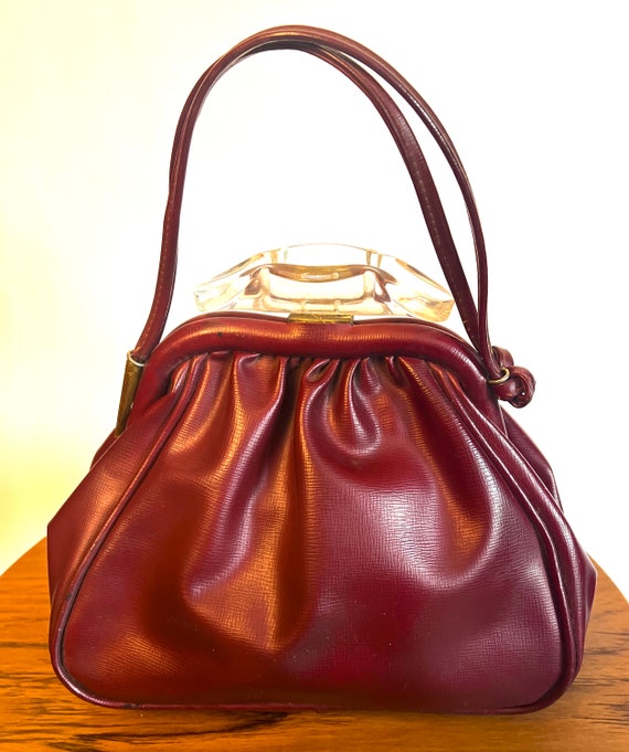 1930s Handbag Art Deco Burgundy Faux Leather with… - image 2