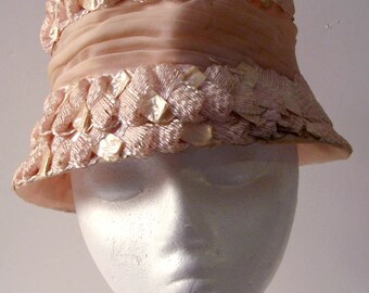 Vintage 1950s Pink Raffia & Chiffon Lady Hat Bucket Hat Spring Hat