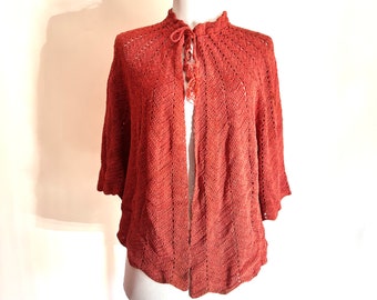 Crochet  Cardigan Sweater  Coral Color Handmade Drawstring Neckline Tassel Ties Scalloped 3/4 Sleeves Vintage 50s