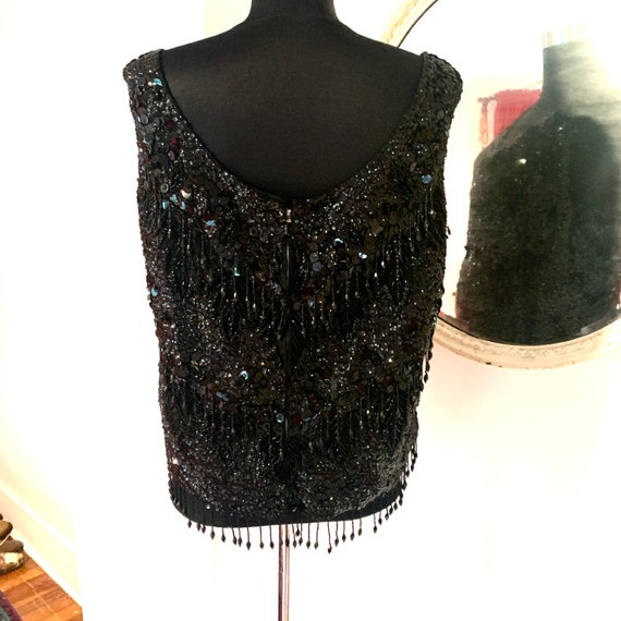 Black Beaded  Sequin Top with 3 Rows Fringe Back … - image 4
