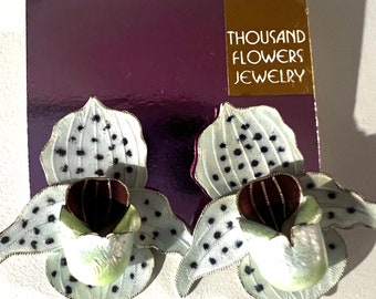 Thousand Flowers Brand Orchid Earrings Vintage Old Stock Enamel on Sterling Old Stock Never Worn MINT