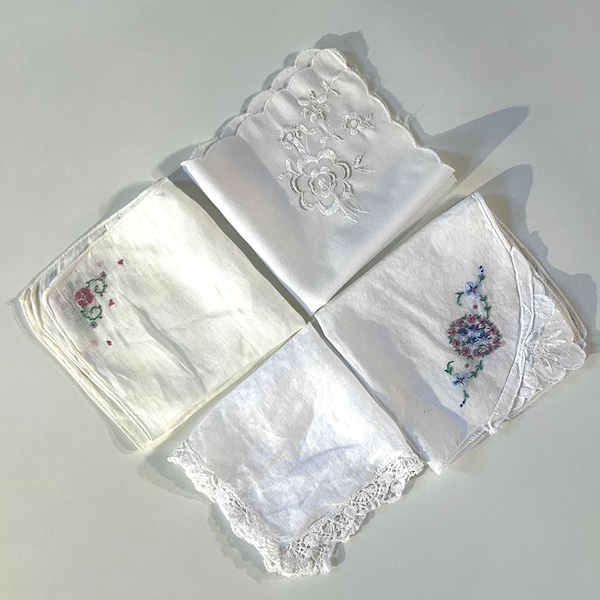 Vintage Hankies Lot of Four Cotton  Three embroidered One Handmade Lace Trim H62