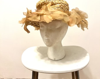 Straw Flowers Hat Wide Brim Chiffon Flowers Vintage 1960s