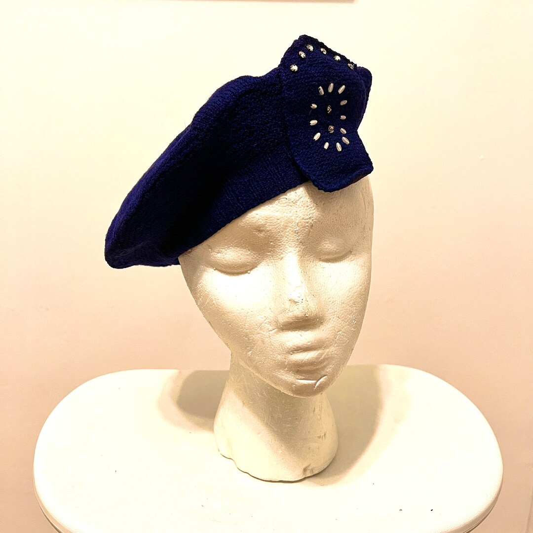 Navy Beret Hat Blue Knit With Rhinestones and Beads Lined Rare Etsy