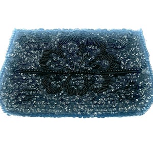 Beaded Flower Clutch Purse Vintage 1950s Black Sequin and Seed Bead La Regale