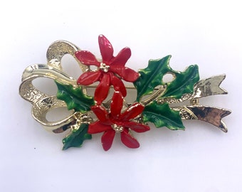 Gerry’s Christmas Brooch Poinsettia and Holly Gold Tone Metal Vintage 70s