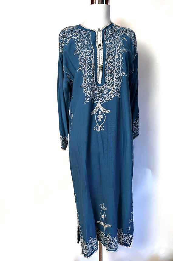 Embroidered Kaftan Dress Vintage 1970s Blue Cotto… - image 2