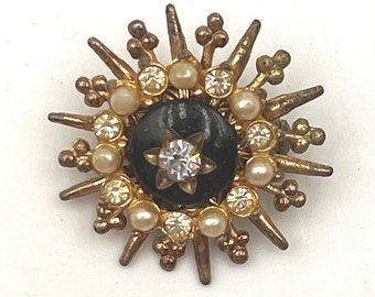 Starburst Brooch Pin Vintage 1950s Mid Century Atomic Era Rhinestones Faux Pearls