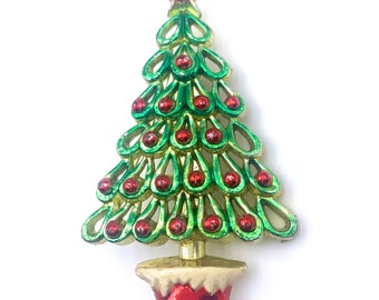 Christmas Tree Brooch Red Green Gold Electroplated Plastic  Hong Kong Vintage 80s