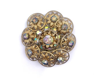 AB Rhinestone Brooch Dimensional Filigree Flower Bouquet Gold Tone Metal Midcentury Vintage 50s