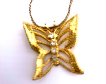 Filigree Butterfly 3D Pendant Rhinestones Snake Chain Vintage 80s Gold Tone Necklace