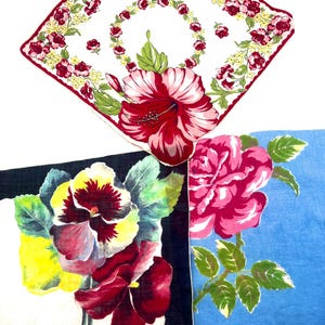 Vintage Hankies Lot of Three Unusual Midcentury Handkerchiefs with Huge Flowers H69