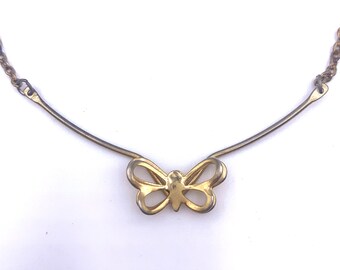 Tiny Delicate Butterfly Pendant Fine Chain Vintage 80s Gold Tone Necklace