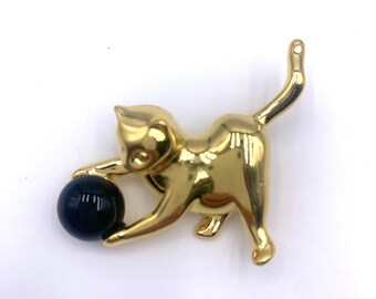 Cat Brooch Gold Tone Cat Playing with Black Ball Vintage NOS Deadstock Great Gift for Cat Lover