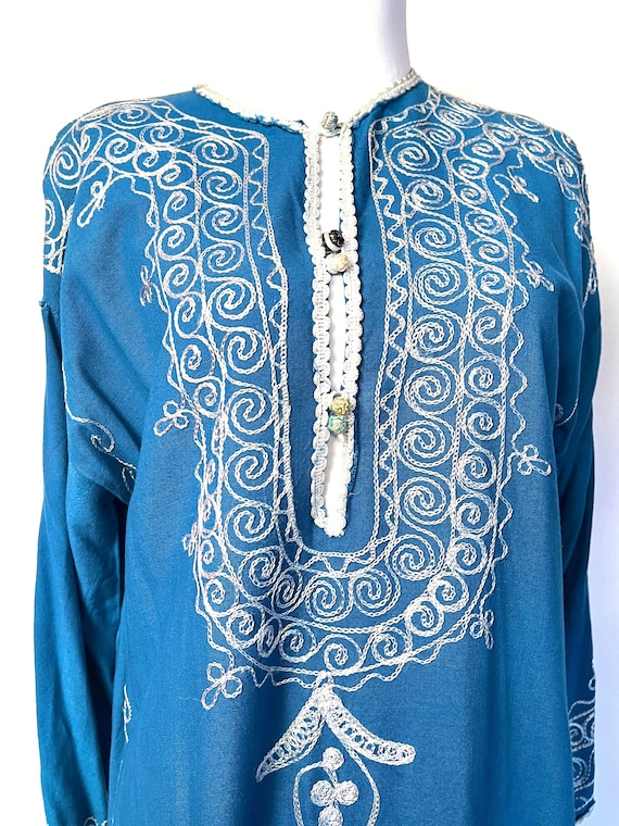 Embroidered Kaftan Dress Vintage 1970s Blue Cotto… - image 1