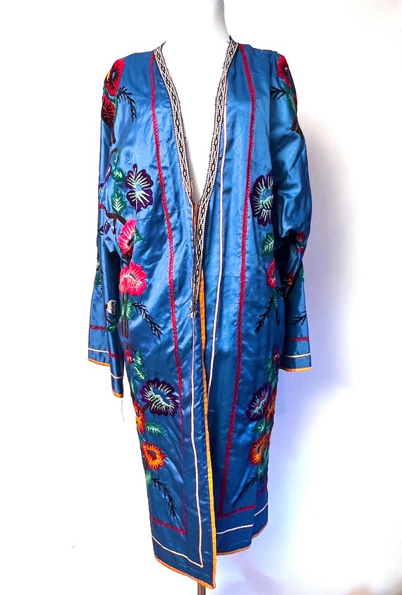 Embroidered Coat Vintage 1970s Blue Satin with Mul