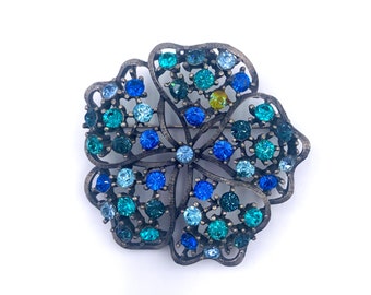 Blue Green Rhinestone Brooch Large Dimensional Flower Dark Silvertone Metal Midcentury Vintage 50s