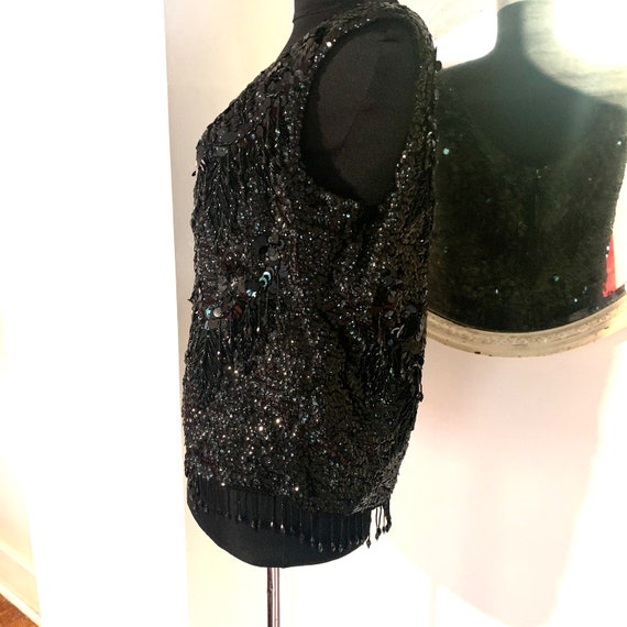 Black Beaded  Sequin Top with 3 Rows Fringe Back … - image 3
