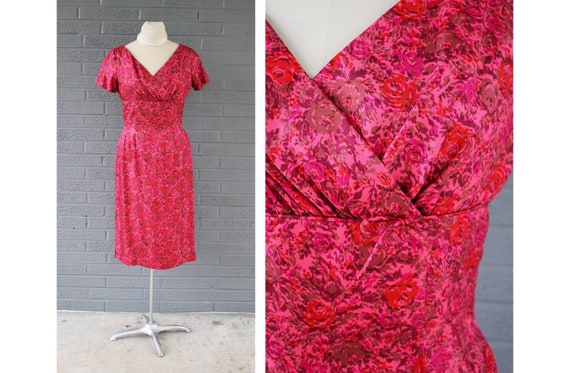 1950s 1960s Pink & Red Satin Floral Hourglass Dres
