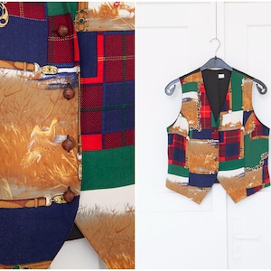 May include: A multi-coloured waistcoat with a patchwork design. The waistcoat has a brown, green, red, blue and white pattern. The waistcoat has a button fastening.