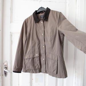 2000s Khaki jacket with corduroy collar women size L, EUR 44, GB 16, Vintage zipper and snap closure fitted army green lightweight parka
