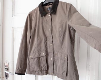 2000s Khaki jacket with corduroy collar women size L, EUR 44, GB 16, Vintage zipper and snap closure fitted army green lightweight parka