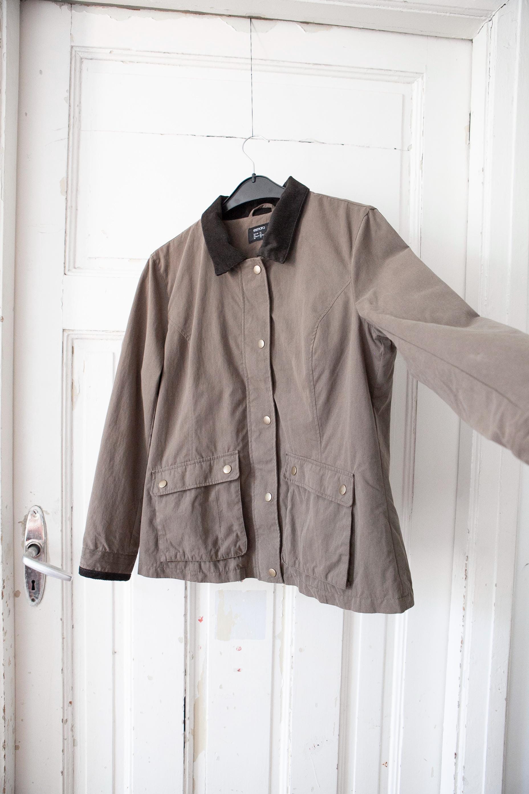 2000s Khaki Jacket With Corduroy Collar Women Size L, EUR 44