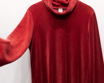 80s Red velour turtleneck sweater women size L made in FINLAND by Nanso, Vintage baggy warm, cozy cotton blend velvet high neck pullover