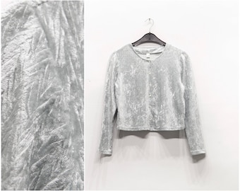 90s Silver grey textured velvet cardigan size M, Vintage pastel crushed velvet boxy top, long sleeve cropped blouse, festive velvet jacket