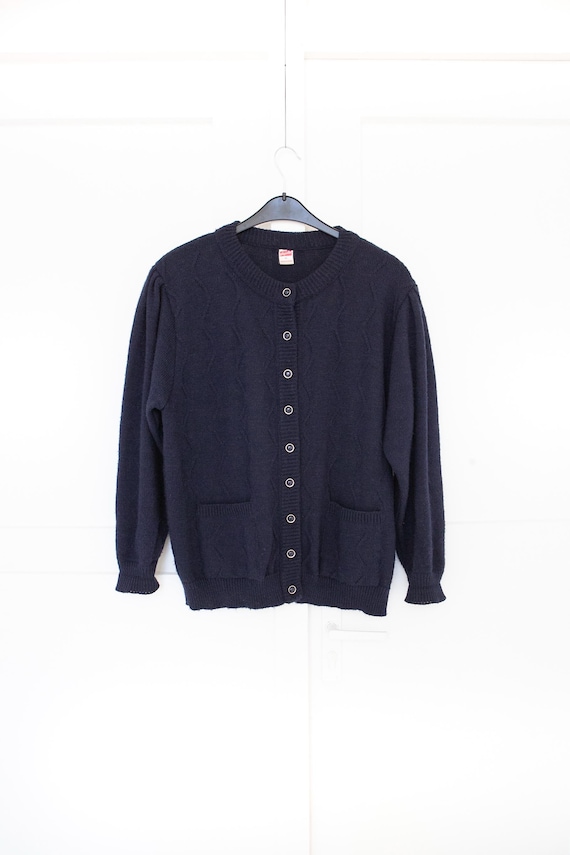 Vintage West Germany Wool Knit Cardigan | Navy Blue Puff Sleeve Button Up Sweater, 80s Cottagecore Dark Academia Cable Knit, Women Size L