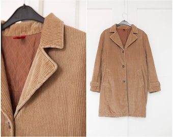 90s Sand brown corduroy coat mens size M, Vintage Golden brown corduroy overcoat women size L, V neck, 3 button closure and side pockets