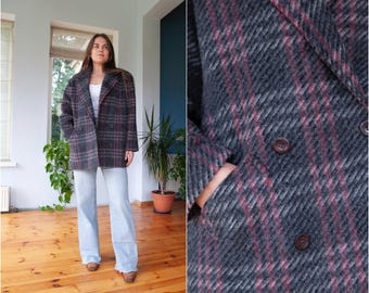 80s 90s Plaid blazer jacket women size M, Vintage wool oversize tartan blazer coat with pockets, V neck double breasted coat
