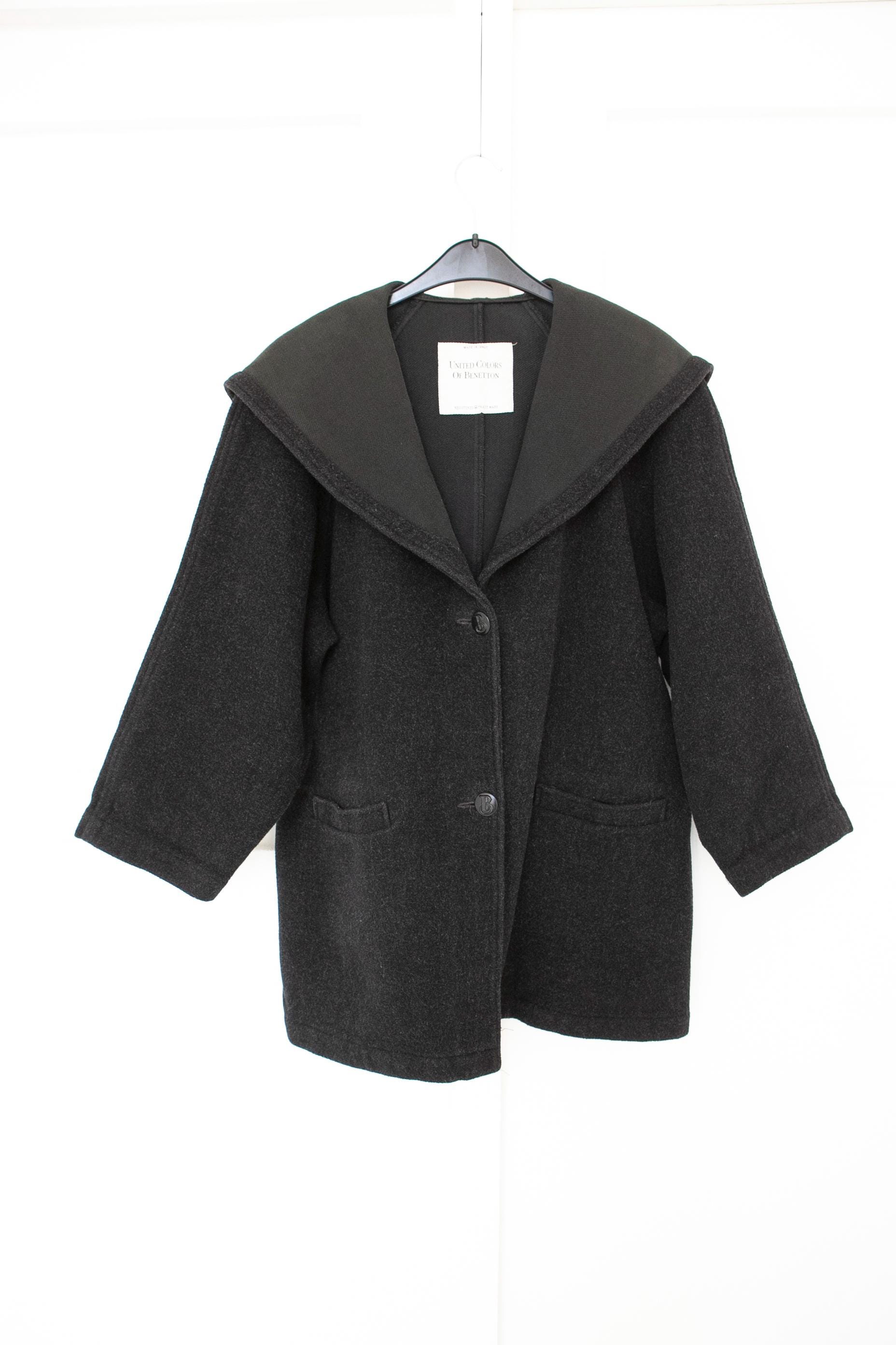 Benetton, 90s Benetton Hooded Black Jacket Women Size L Made IN ITALY Slouchy Baggy Wool Blazer Coat, Vintage Minimalist Oversized Pocket Shroud