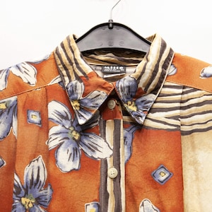 90s Vintage Mille Jocca Oy Shirt / Earthy Tones Patchwork Floral Blouse / Made in Finland Sustainable Fashion / Striped Overshirt size S/M
