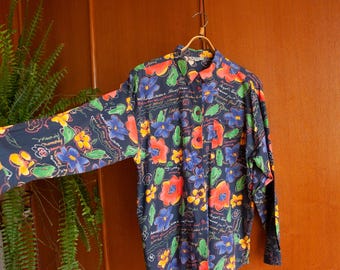 90s Floral long sleeve shirt men size L, Vintage abstract print button down shirt women size XL