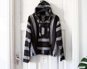 Sudadera con capucha vintage de rayas Baja talla M, suéter con capucha mexicano, sudadera con capucha tipo manta hippie de los 90, anorak tipo poncho de surf, suéter unisex Baja