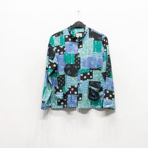 Vintage Coldwater Creek Vintage 90s Mandarin Collar Blouse, Patchwork Teal Green Tunic Shirt Women size Small