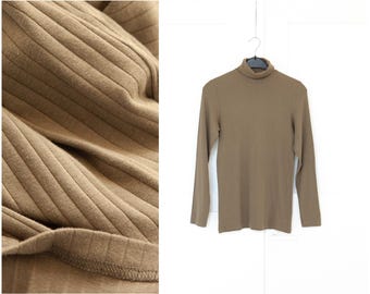 Vintage Khaki Ribbed Turtleneck / Mens Small Womens Medium / 90s Retro High Neck Pullover / Stretchy Cotton Minimalist Top