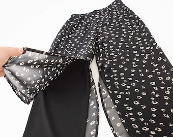 Pantalones anchos transparentes con abertura lateral estilo años 90, pantalones de capas con estampado floral blanco y negro, talla L para mujer, falda pantalón vintage de malla con abertura