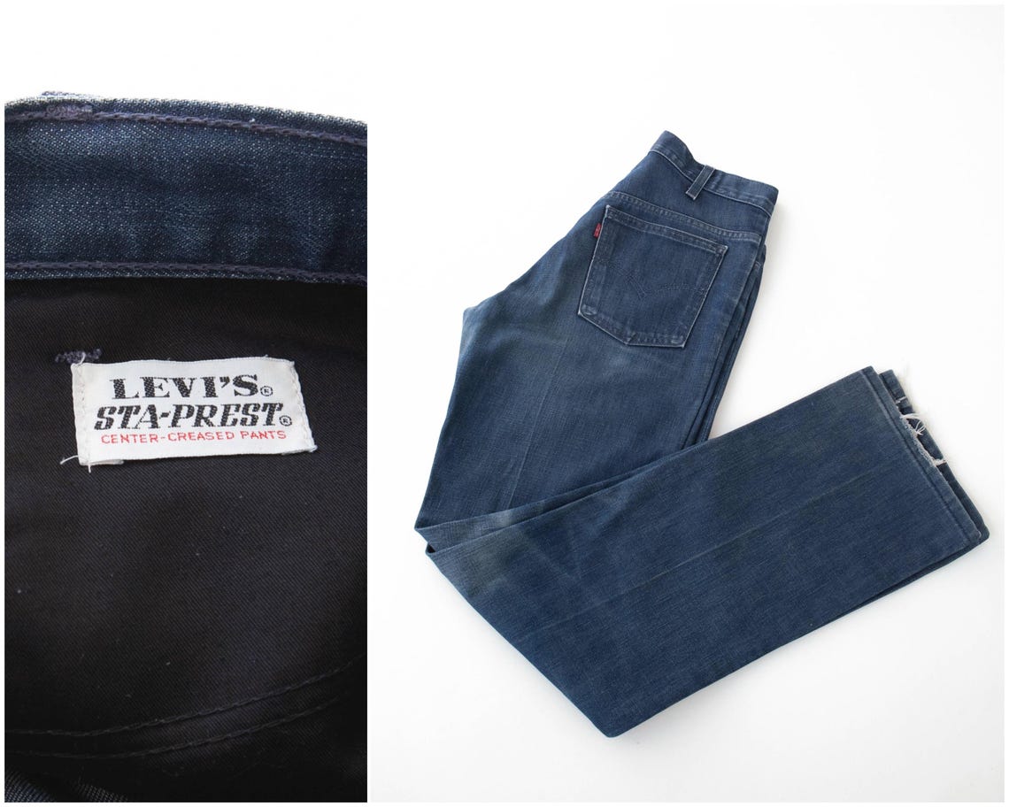 Levis STA-PREST jeans size 32x36, Vintage dark blue Levis denim pants men size S, women size M, Long worn in heavy denim 5 pocket jeans, foto 1 di 5