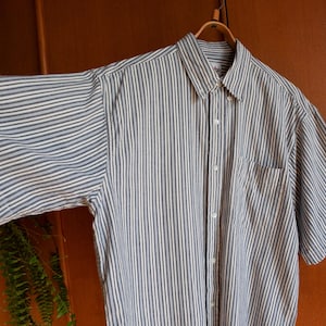 90s Fine striped shirt men size L, Vintage white and blue vertical stripe Polo, Men short sleeve overshirt