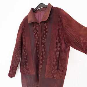 80s Burgundy real suede jacket women size L, Vintage Baggy, oversize patchwork, striped suede button closure coat with collar and pockets