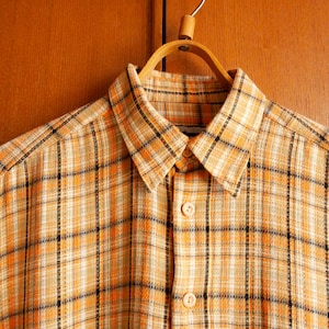 90s plaid shirt men size M Vintage cotton Orange fine check button closure long sleeve shirt 39/40